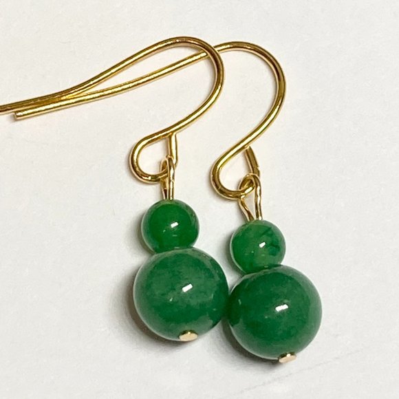 Green Jade Stone Earrings Gold Plated Dangle Round Bead Malaysian Dark 4-6mm - Picture 4 of 8
